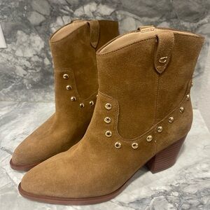 Brand New Coach Tan Suede Boots with Gold Studs
